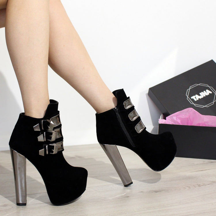 Metallic Belted Black Suede Ankle Booties - Tajna Club