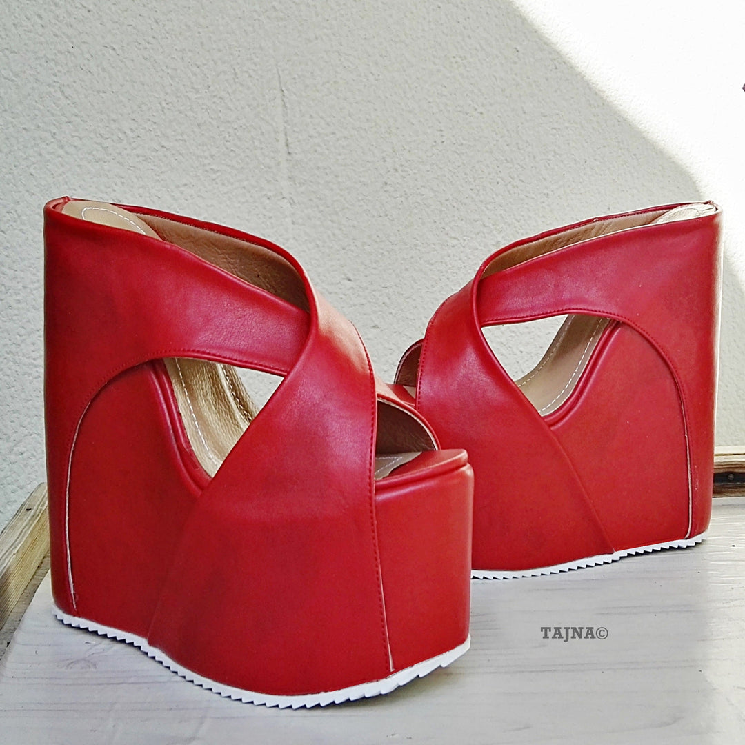 Red Bold Strap High Platform Wedge Mules - Tajna Club