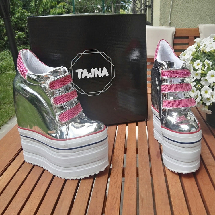 Silver Hook Pile Sport High Heel Wedge Platform Shoes - Tajna Club