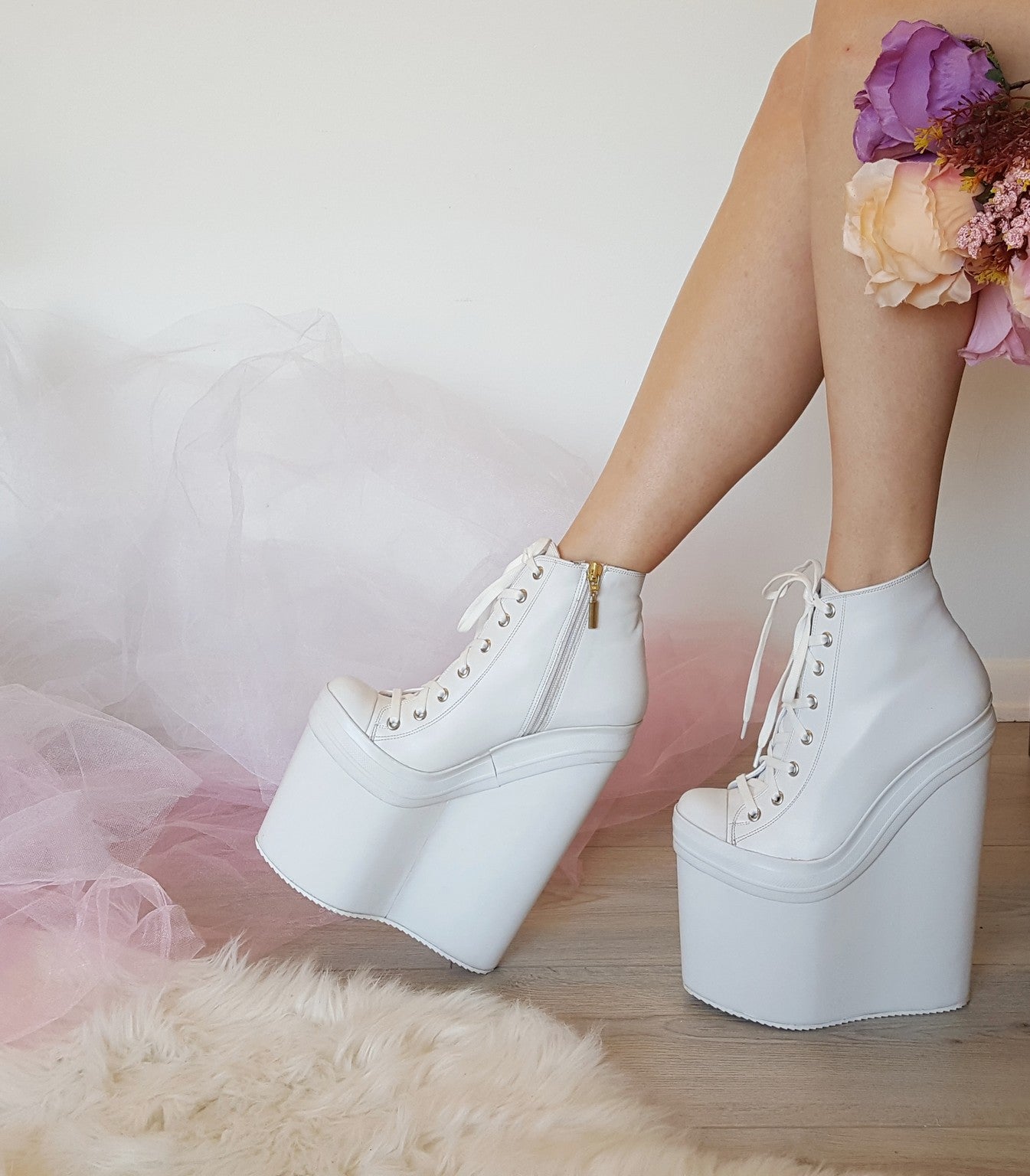 White Lace Up Sport High Heel Wedge Platform Booties - Tajna Club