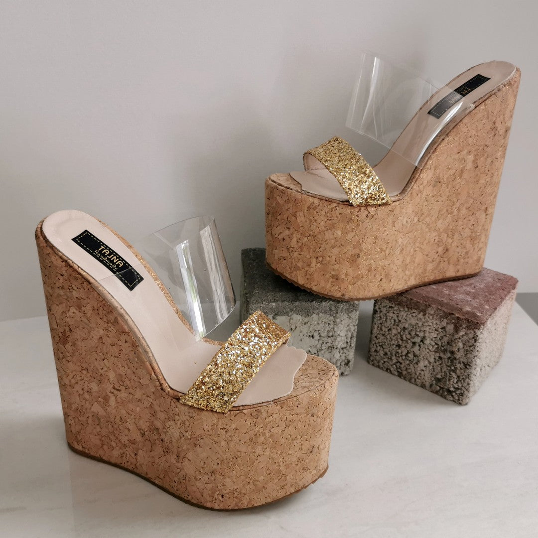 Transparent Strap Cork Wedge Mules - Tajna Club