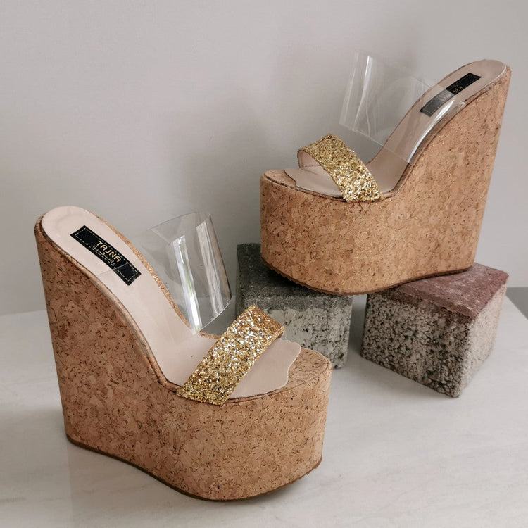Transparent Strap Cork Wedge Mules - Tajna Club