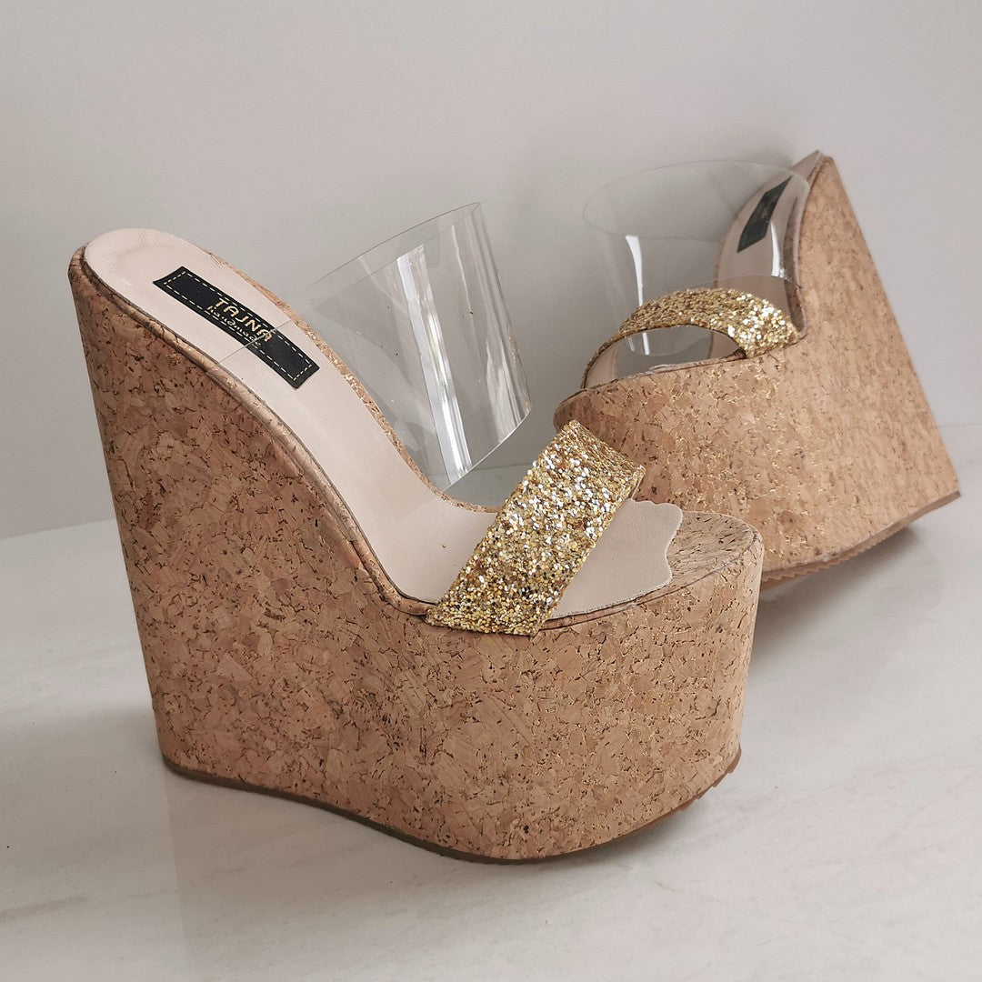 Transparent Strap Cork Wedge Mules - Tajna Club