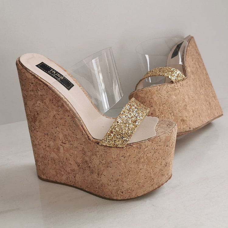 Transparent Strap Cork Wedge Mules - Tajna Club