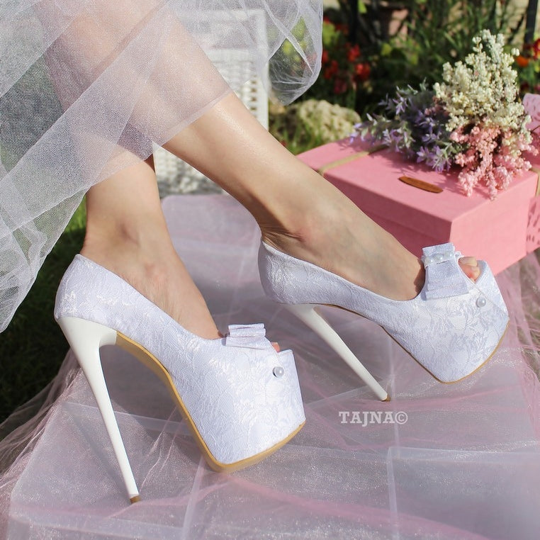 19 cm White Lace Platform Wedding Shoes - Tajna Club