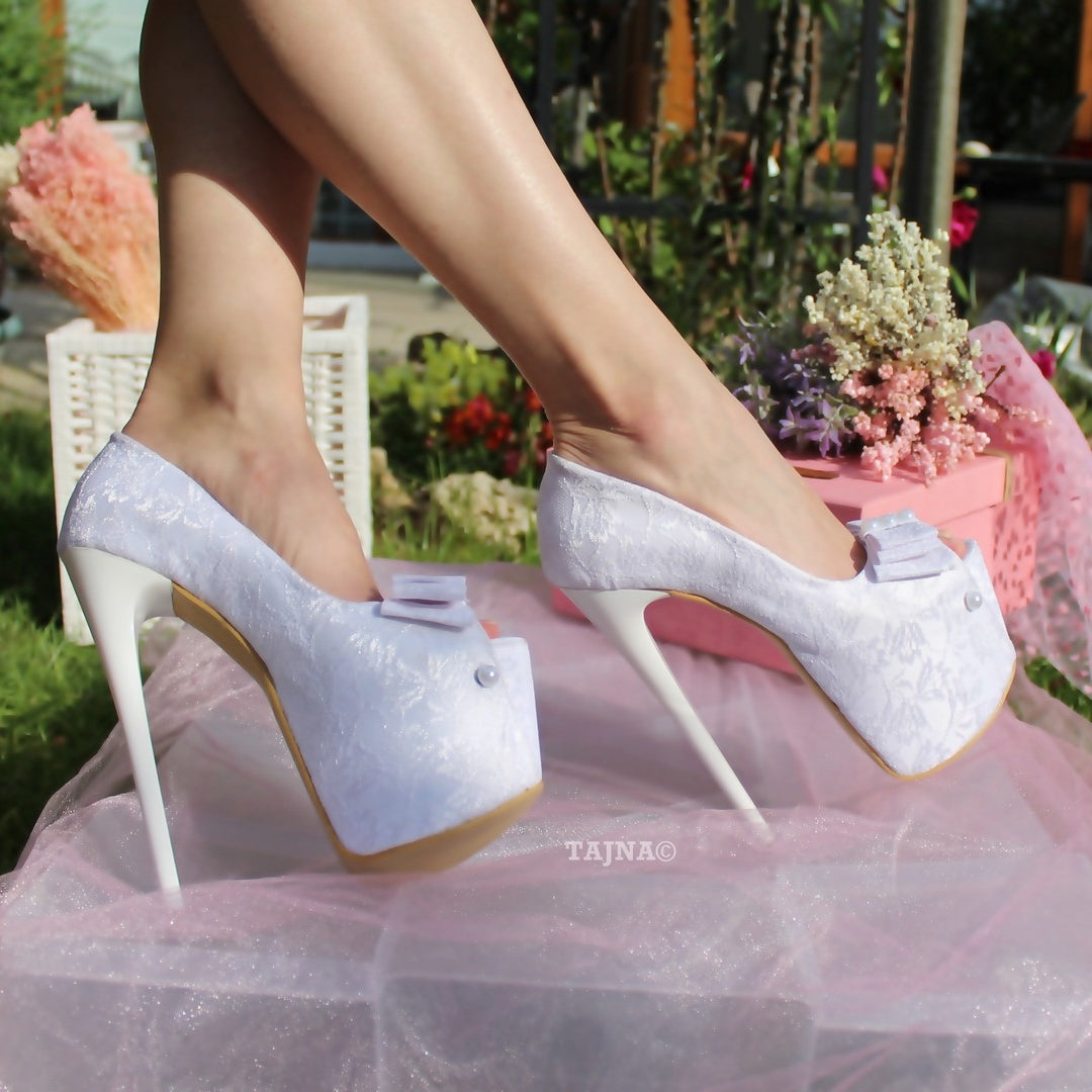 19 cm White Lace Platform Wedding Shoes - Tajna Club