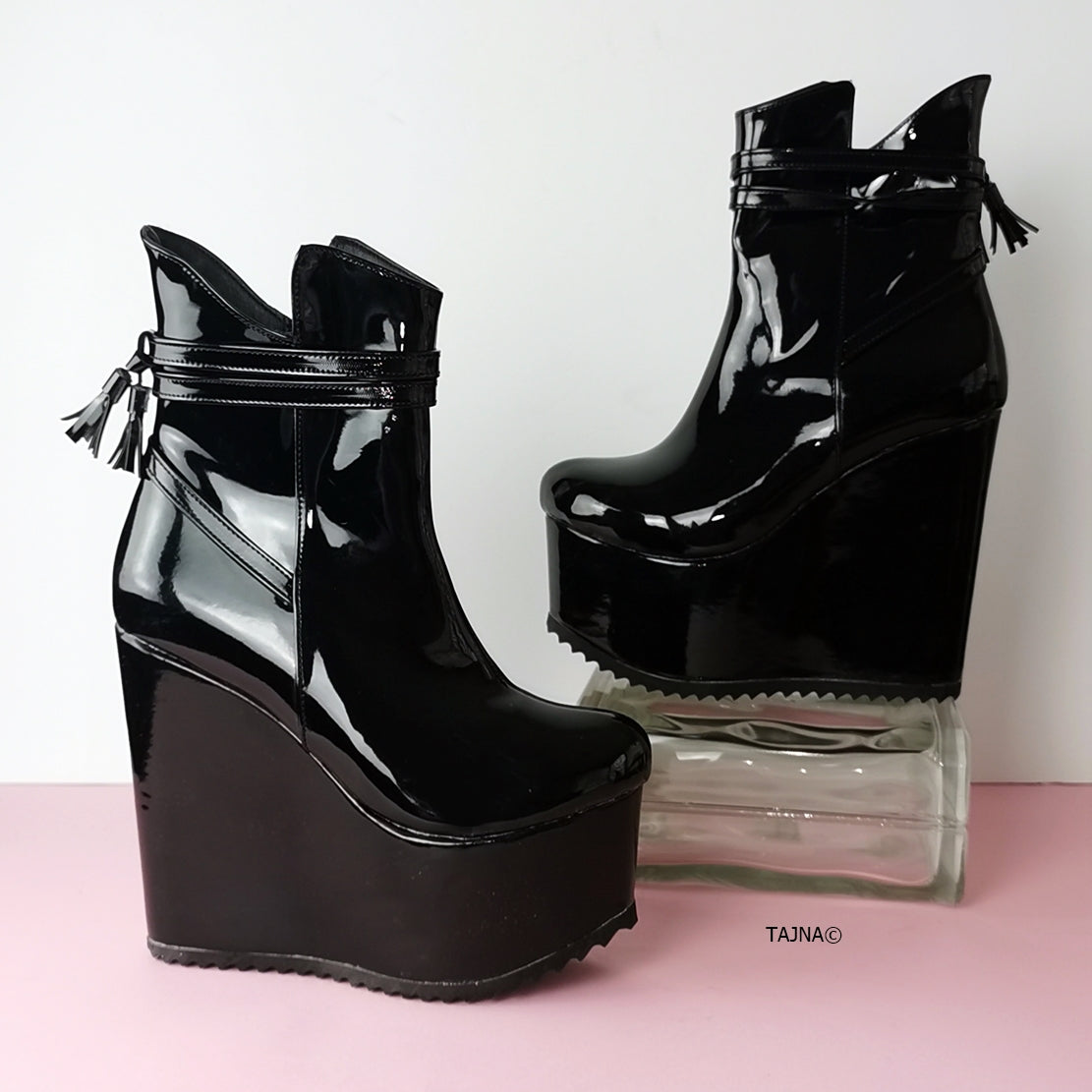 Black Patent Fringe Detail Wedge Booties - Tajna Club