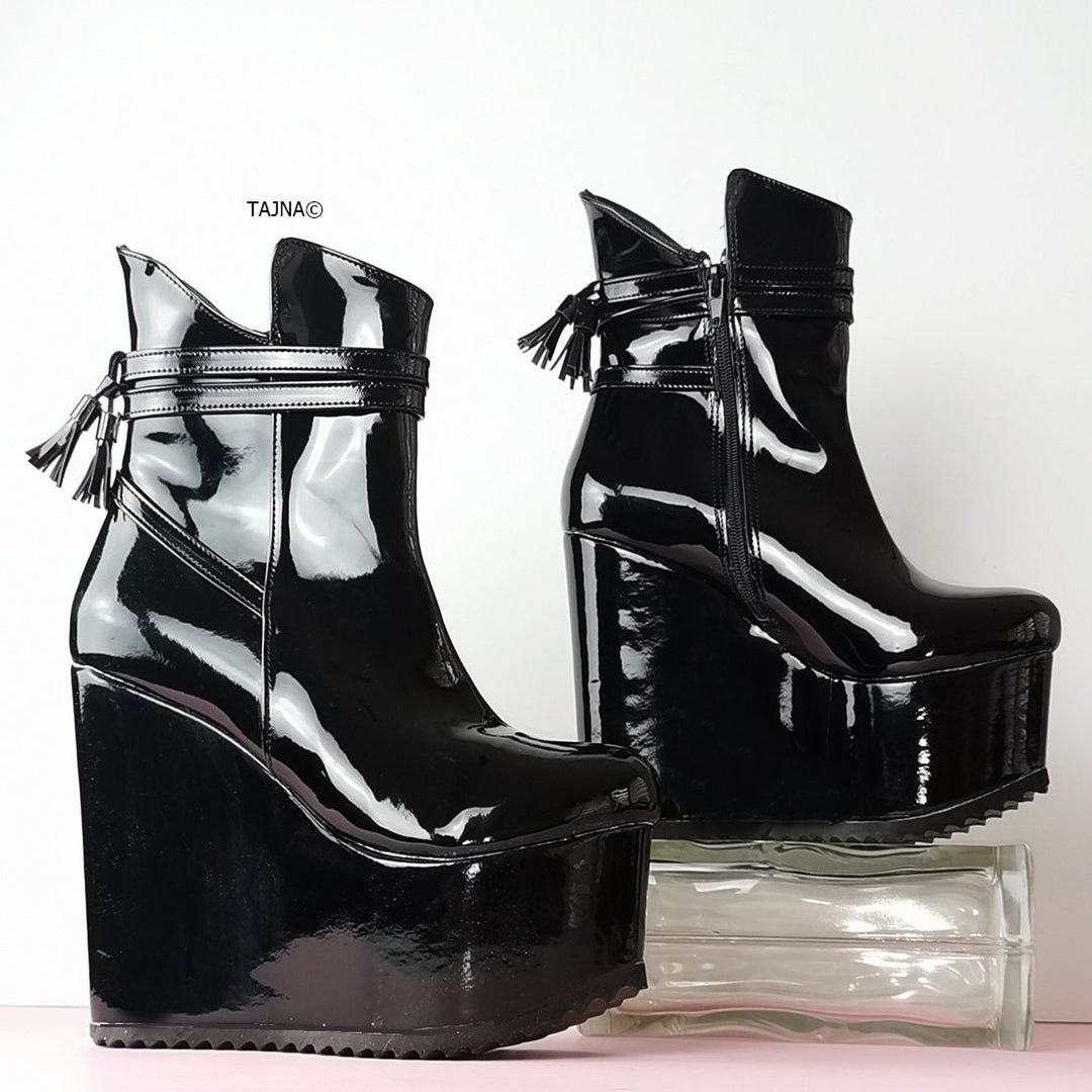 Black Patent Fringe Detail Wedge Booties - Tajna Club