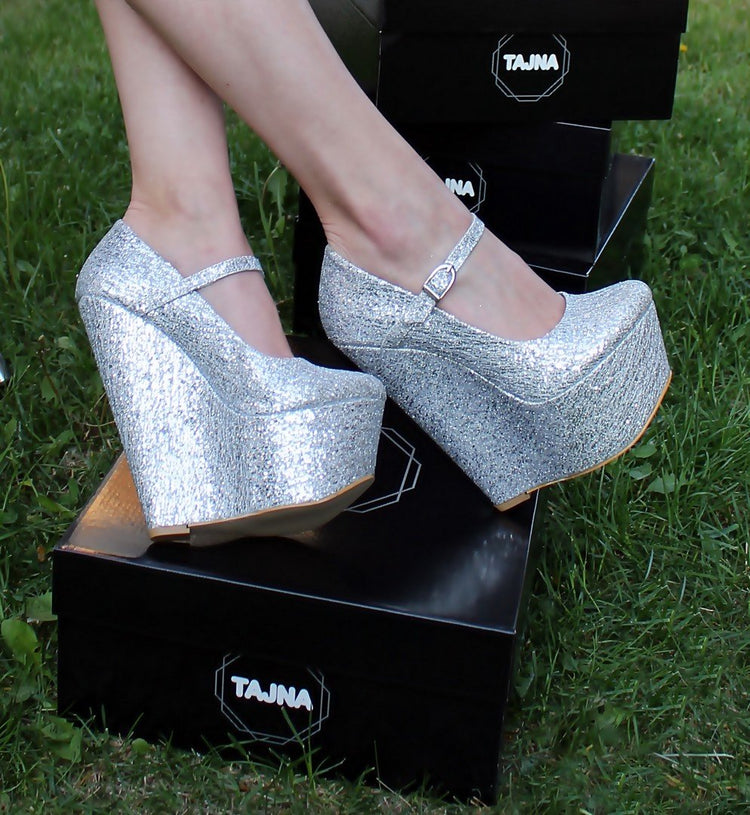 Silver Shiny Heel Wedge Shoes - Tajna Club