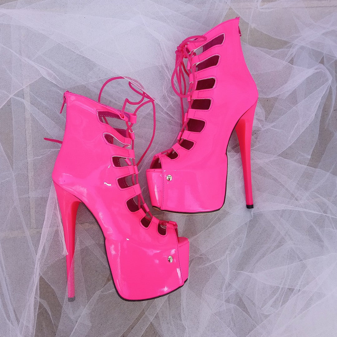 Fushia Pink Patent Leather Gladiator High Heel Platforms - Tajna Club