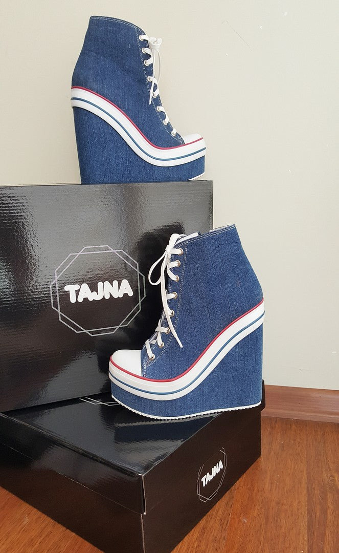 Jean-Denim Lace Up Ankle Wedge Booties - Tajna Club