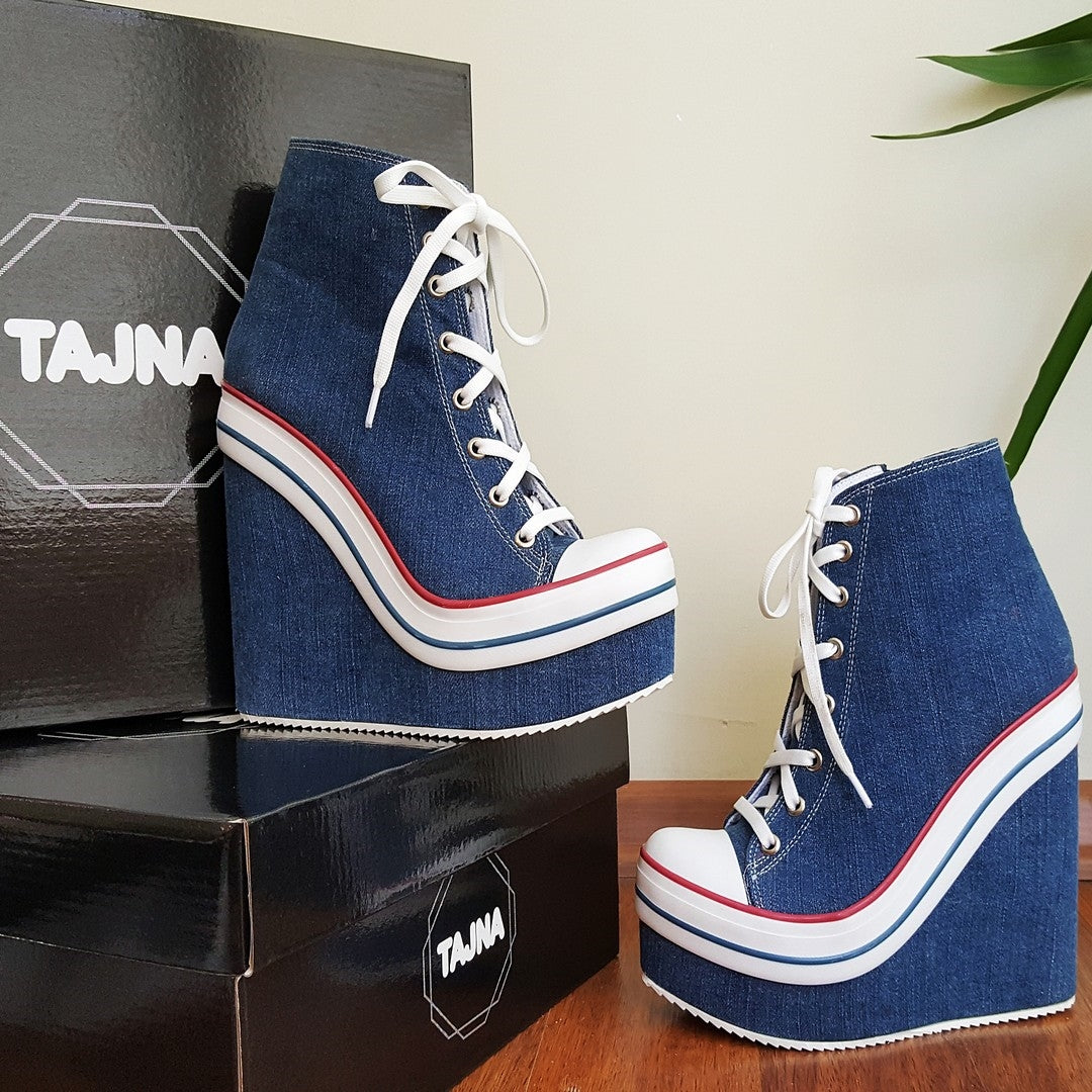 Jean-Denim Lace Up Ankle Wedge Booties - Tajna Club