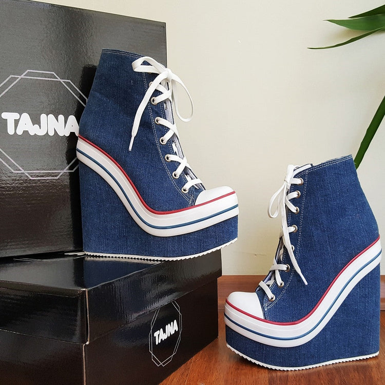 Jean-Denim Lace Up Ankle Wedge Booties - Tajna Club