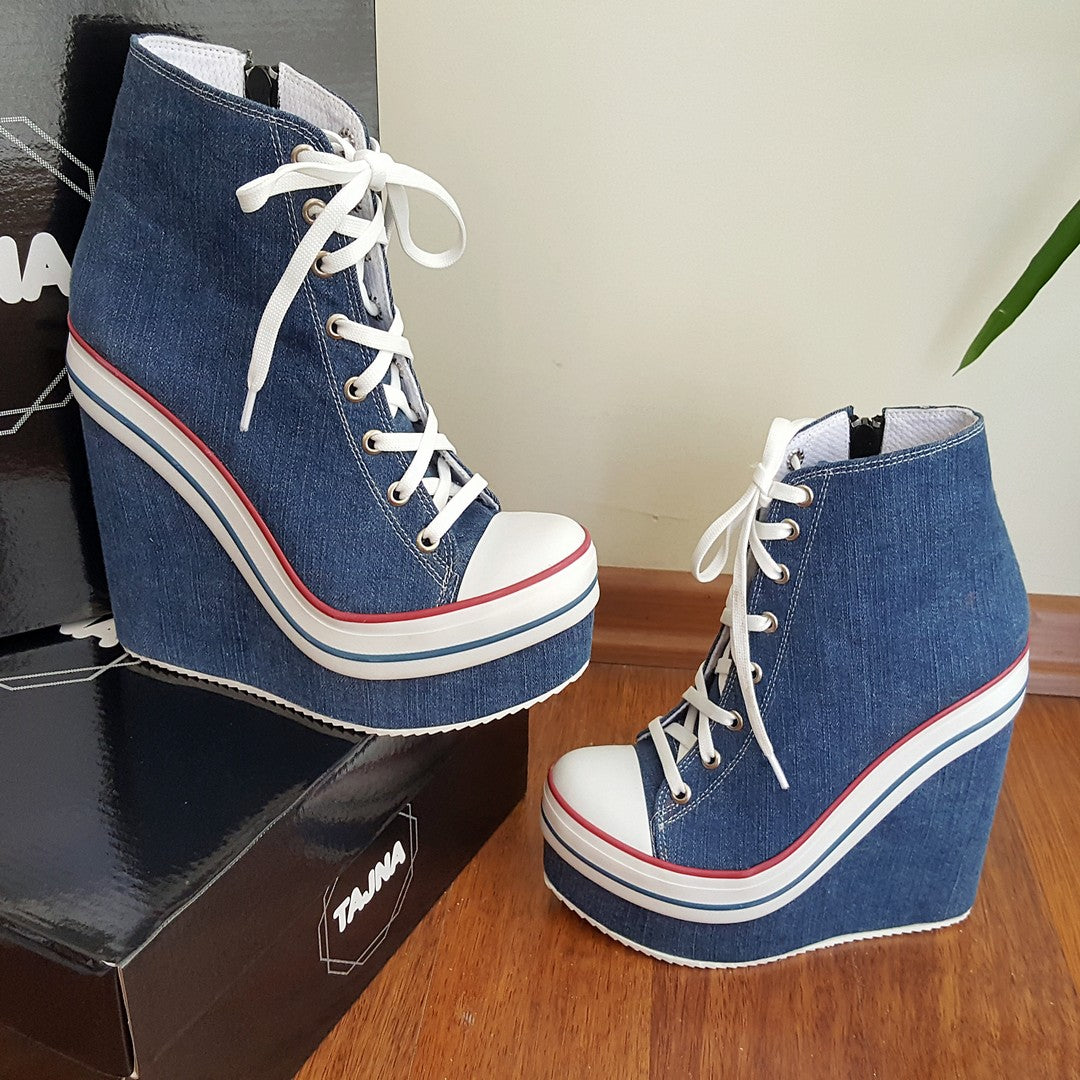 Denim wedge booties sales