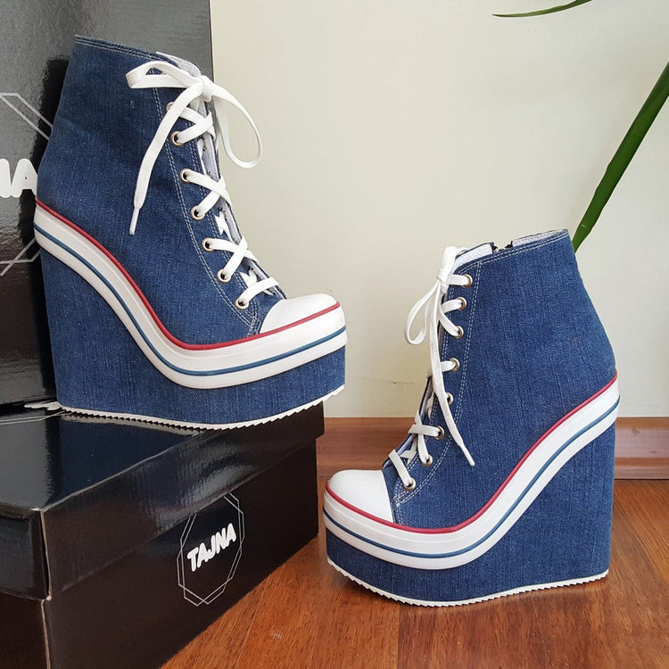 Jean-Denim Lace Up Ankle Wedge Booties - Tajna Club