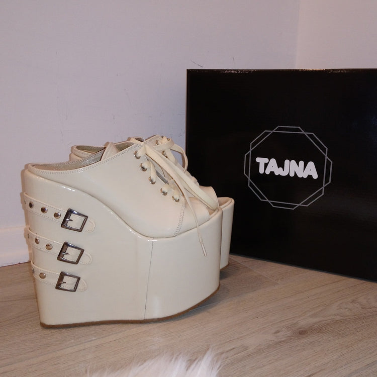 Belted Peep Toe Cream Patent Platform Wedge Mules - Tajna Club
