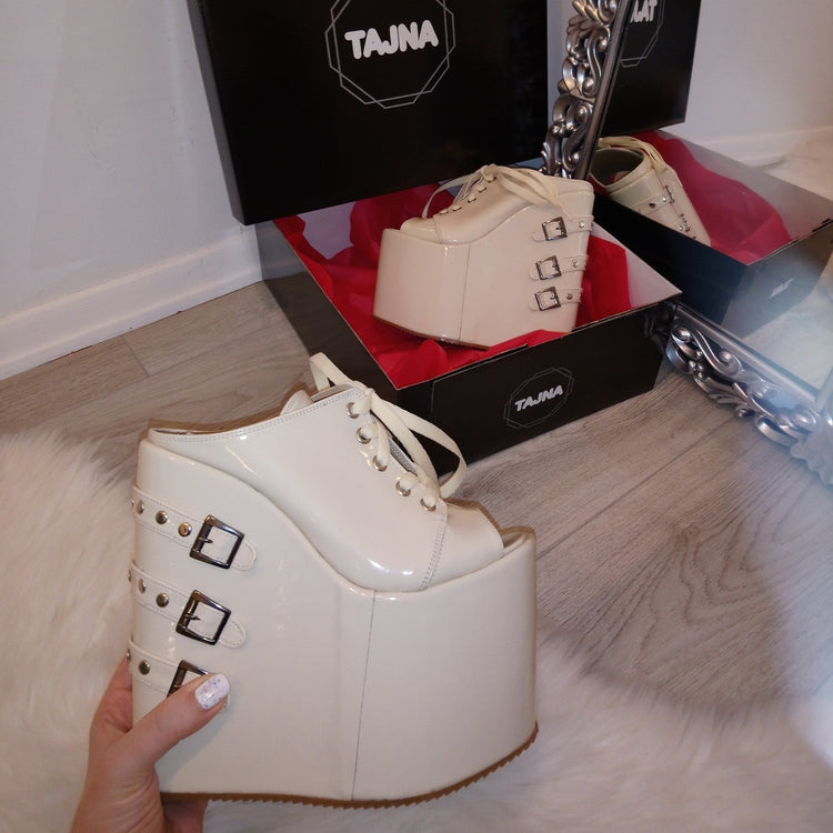 Belted Peep Toe Cream Patent Platform Wedge Mules - Tajna Club