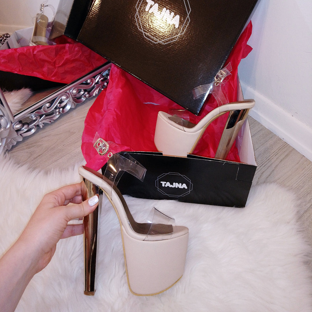 Transparent Strap Beige 19 cm Platform Heel Shoes - Tajna Club