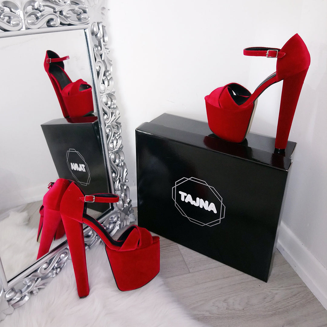 Dark Red Faux Suede 19 cm High Heel Platforms - Tajna Club