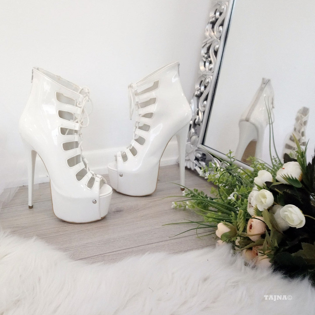 White Gladiator Patent Leather Lace Up Platform Shoes - Tajna Club