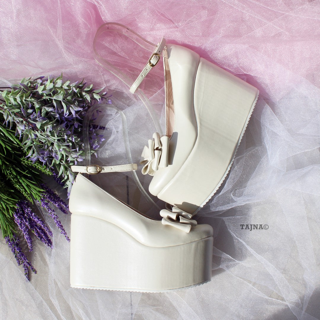 Ivory White Ribbon Ankle Strap Wedge Bridal Shoes Tajna Shoes Tajna Club