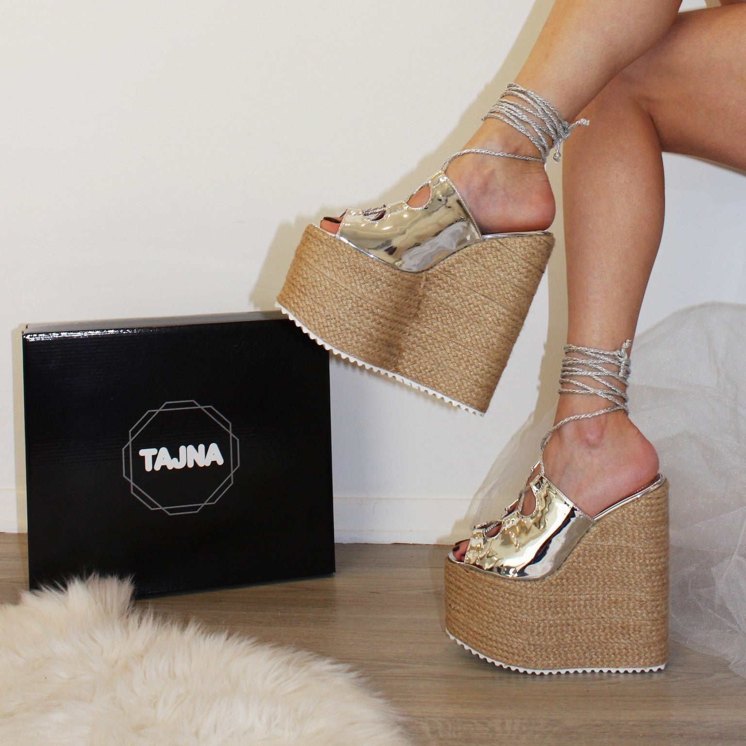 Lace Up Silver Platform Wedge Sandals - Tajna Club