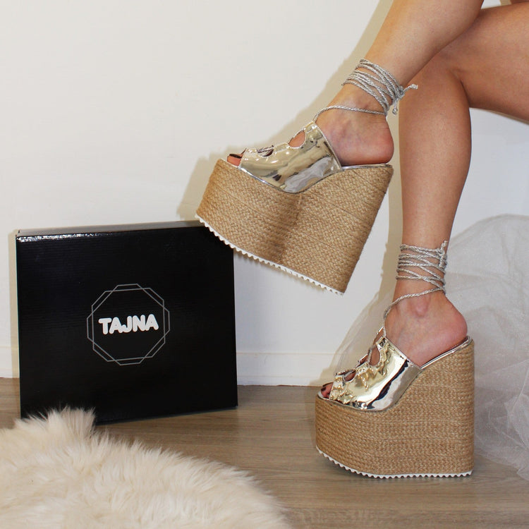 Lace Up Silver Platform Wedge Sandals - Tajna Club