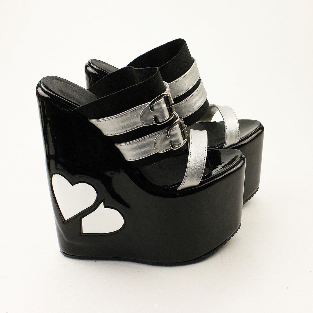 Heart Shaped Black Silver Peep Toe High Heel Wedge Mules - Tajna Club