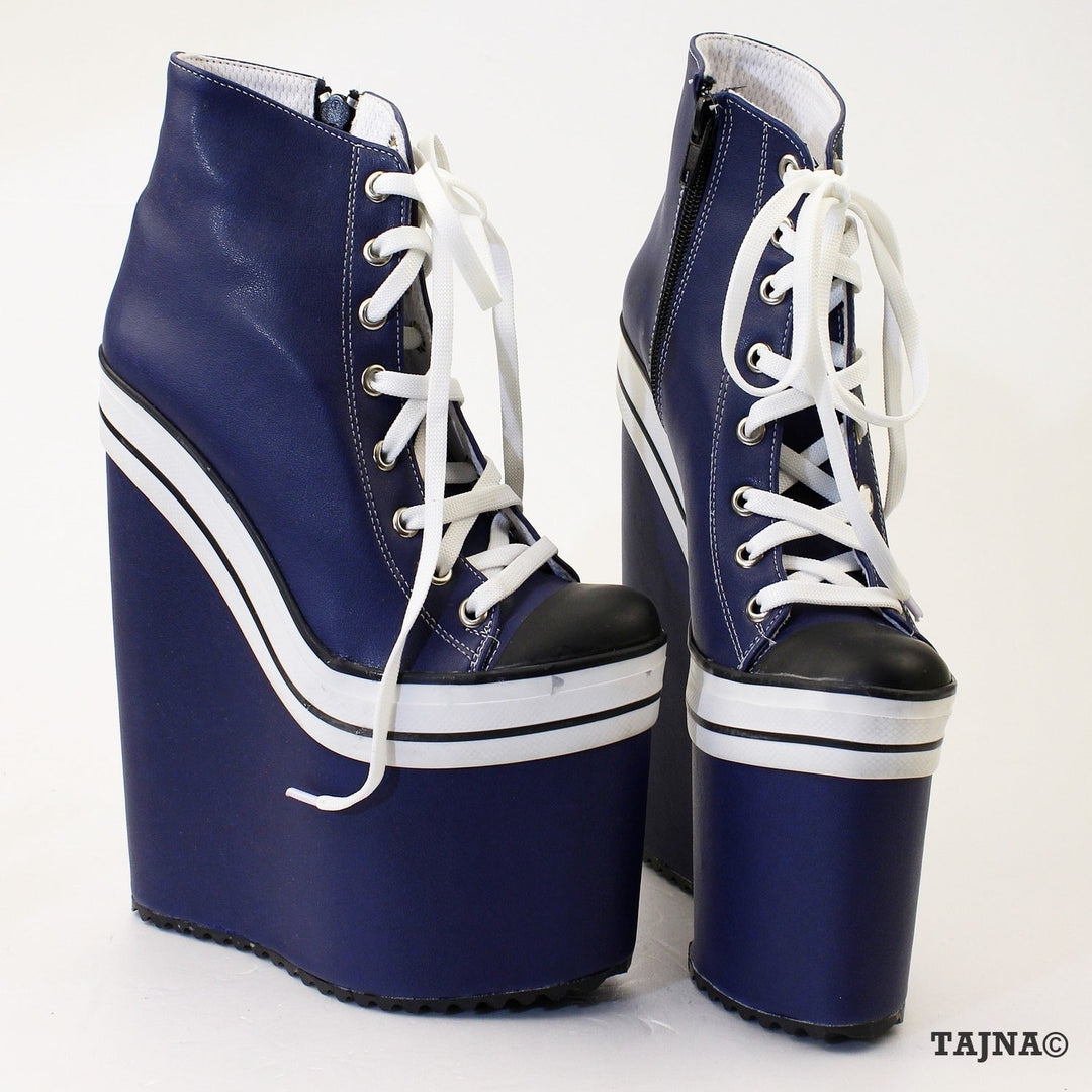 Dark Blue Lace Up Sport Platform Wedge Booties - Tajna Club