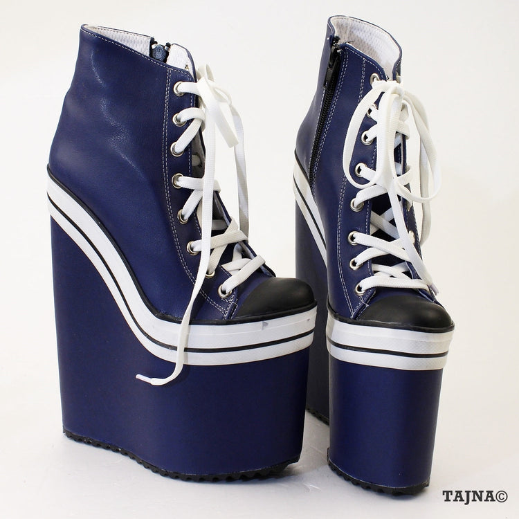 Dark Blue Lace Up Sport Platform Wedge Booties - Tajna Club