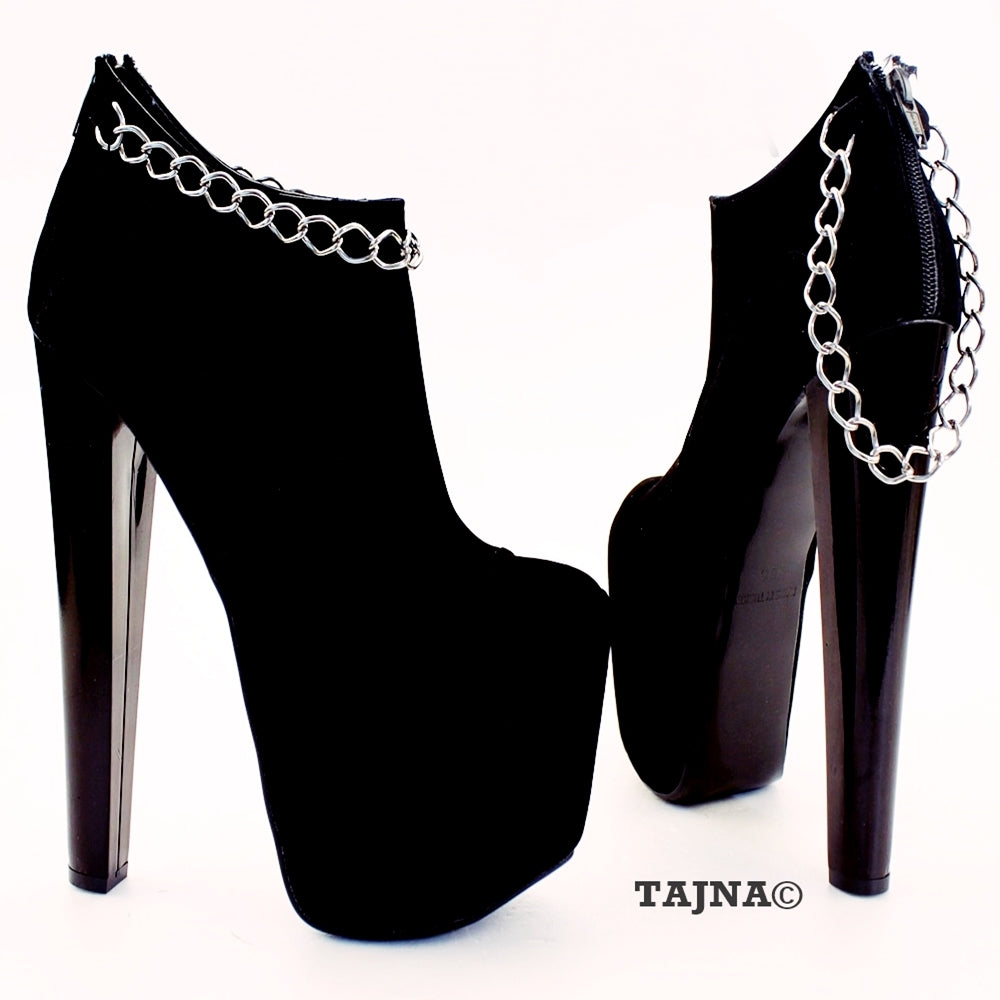 Chain Black Faux Suede Platform Ankle Booties - Tajna Club