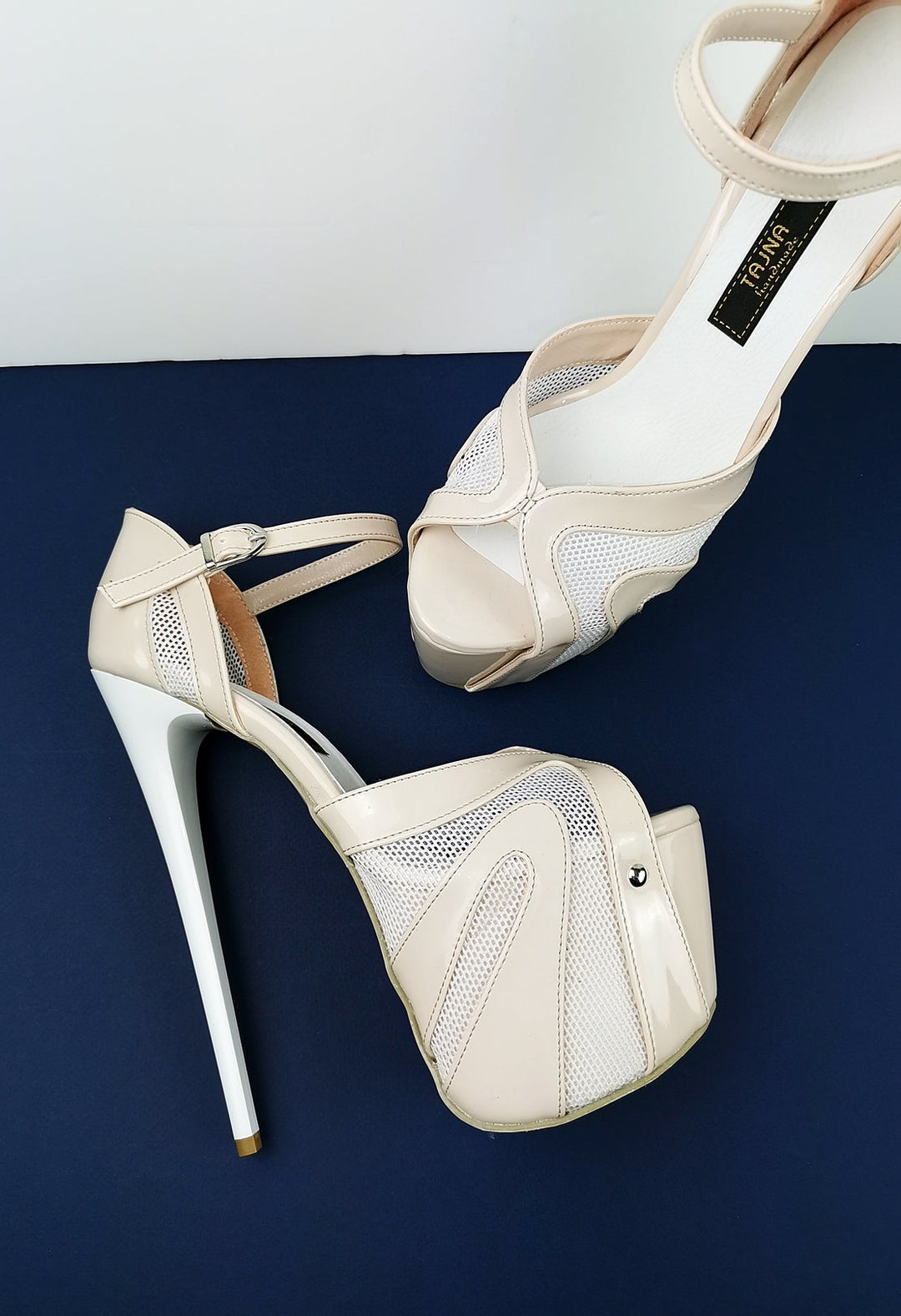 Powder White Patent Fishnet Strap Heels - Tajna Club