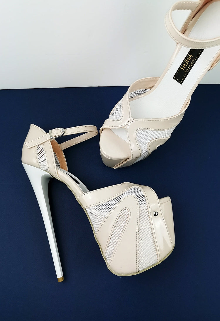 Powder White Patent Fishnet Strap Heels - Tajna Club