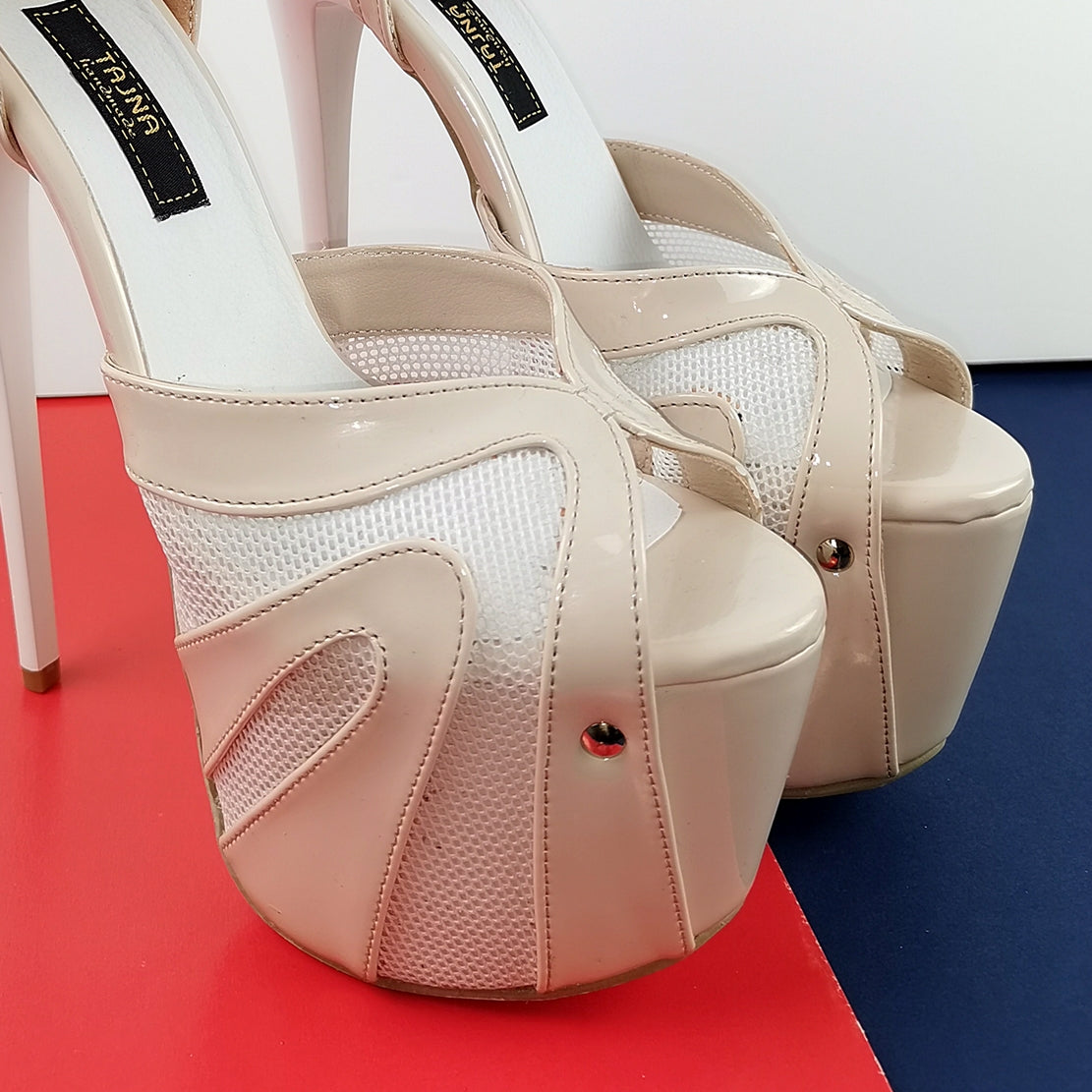Powder White Patent Fishnet Strap Heels - Tajna Club