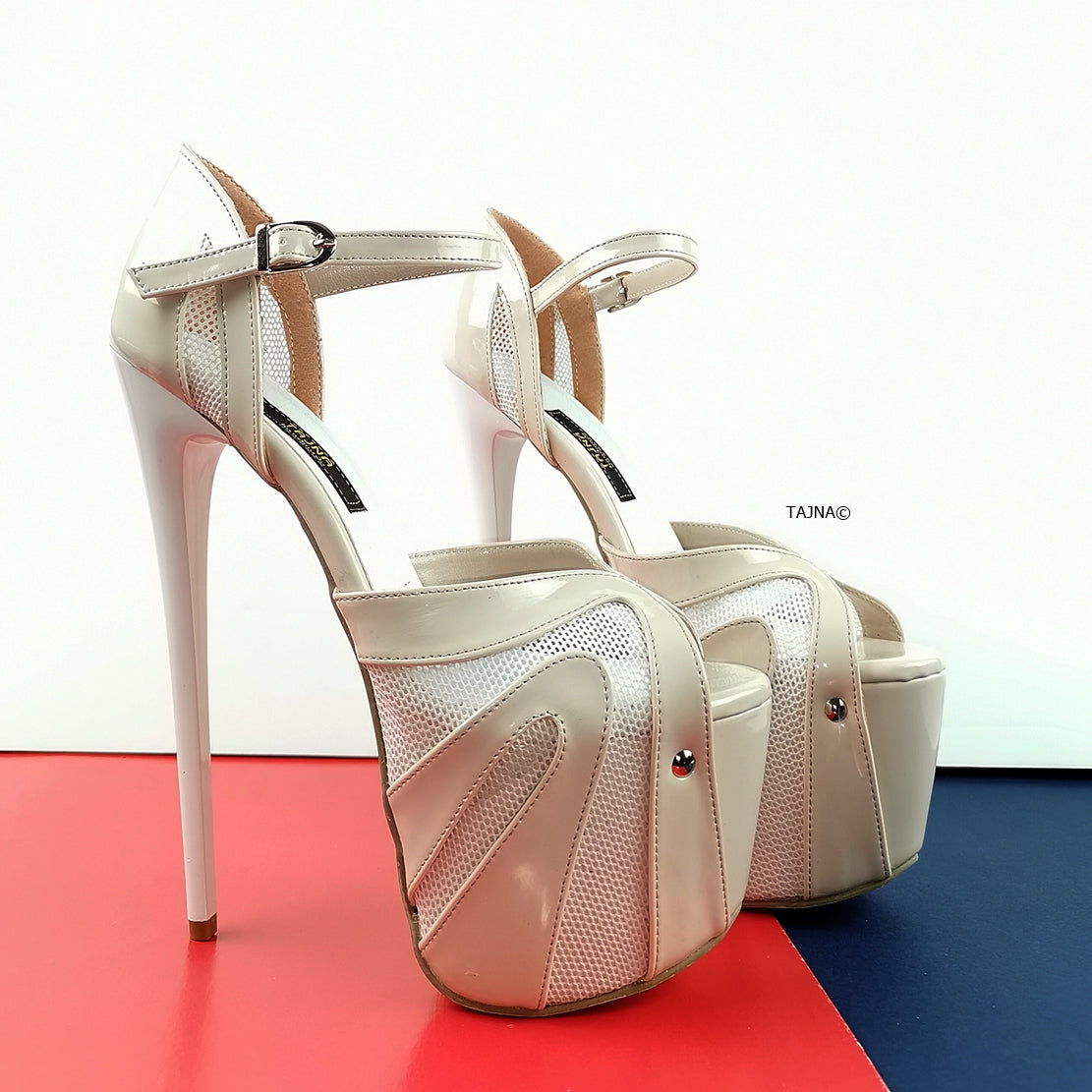 Powder White Patent Fishnet Strap Heels - Tajna Club