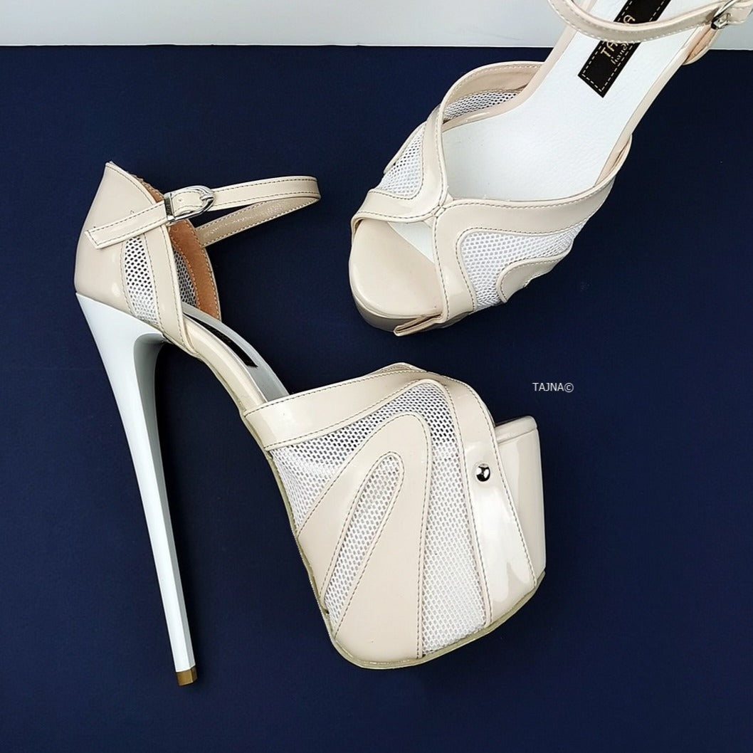 Powder White Patent Fishnet Strap Heels - Tajna Club