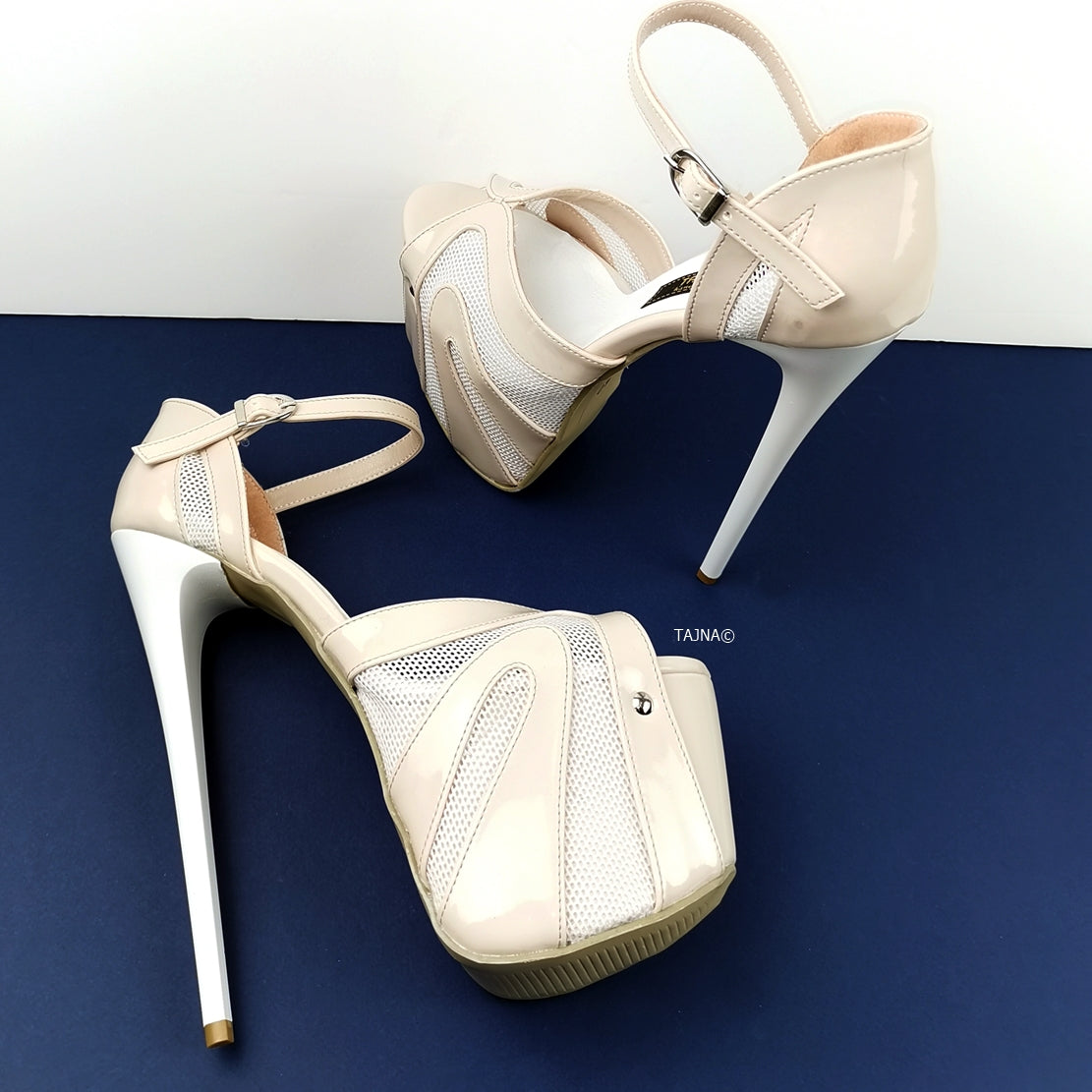 Powder White Patent Fishnet Strap Heels - Tajna Club