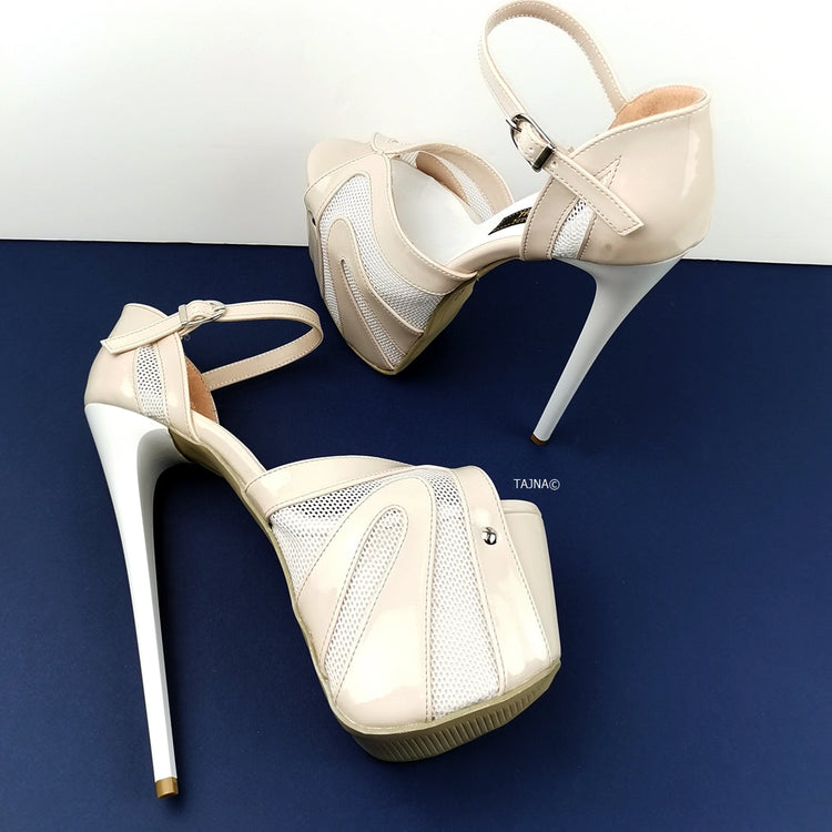 Powder White Patent Fishnet Strap Heels - Tajna Club