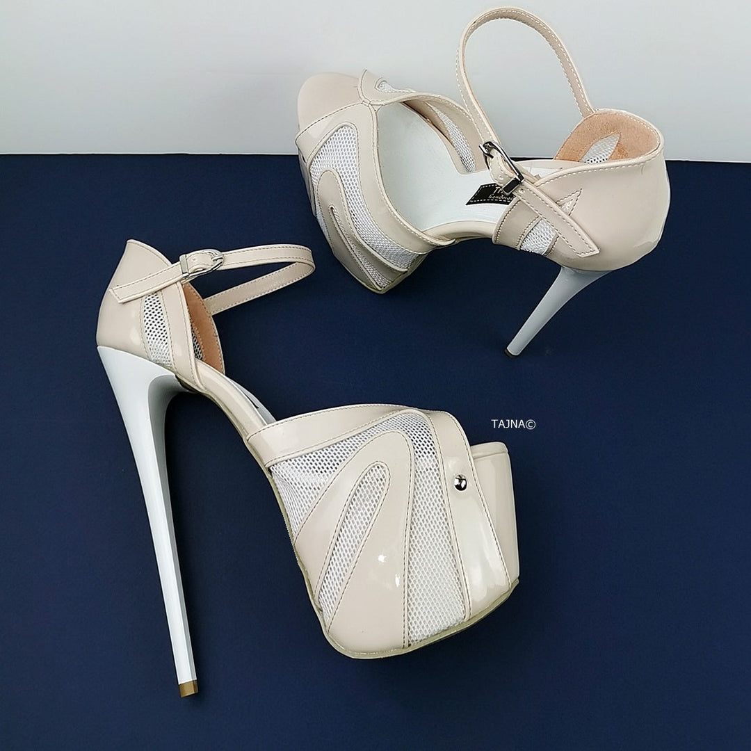 Powder White Patent Fishnet Strap Heels - Tajna Club