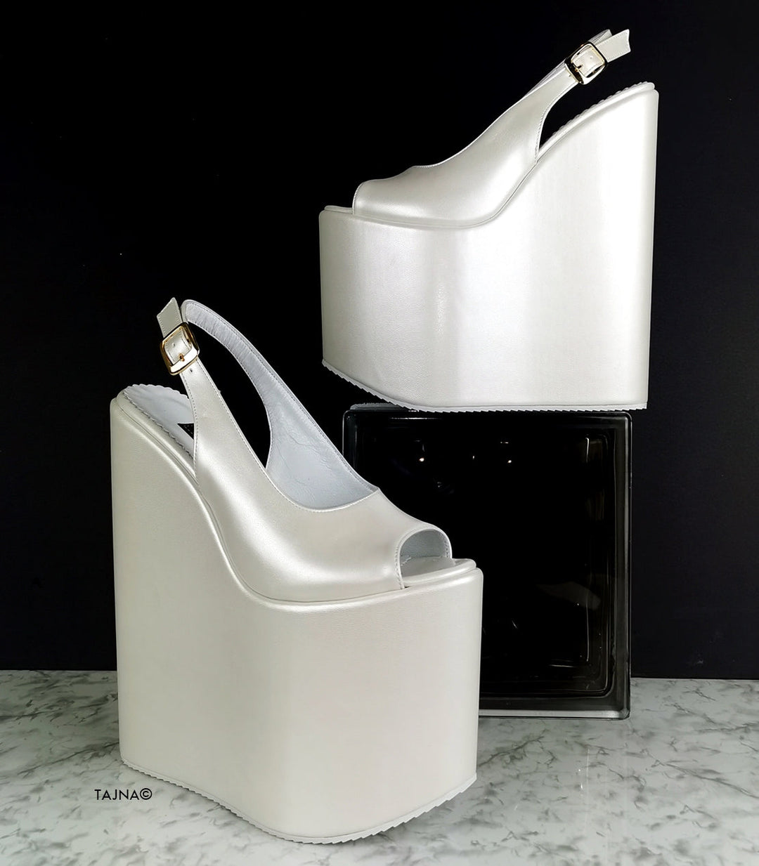 Ivoy White Sling Back High Heel Wedges - Tajna Club