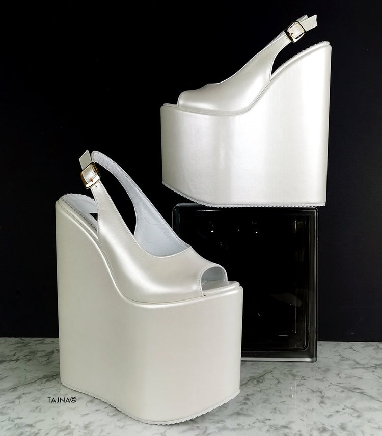 Ivoy White Sling Back High Heel Wedges - Tajna Club