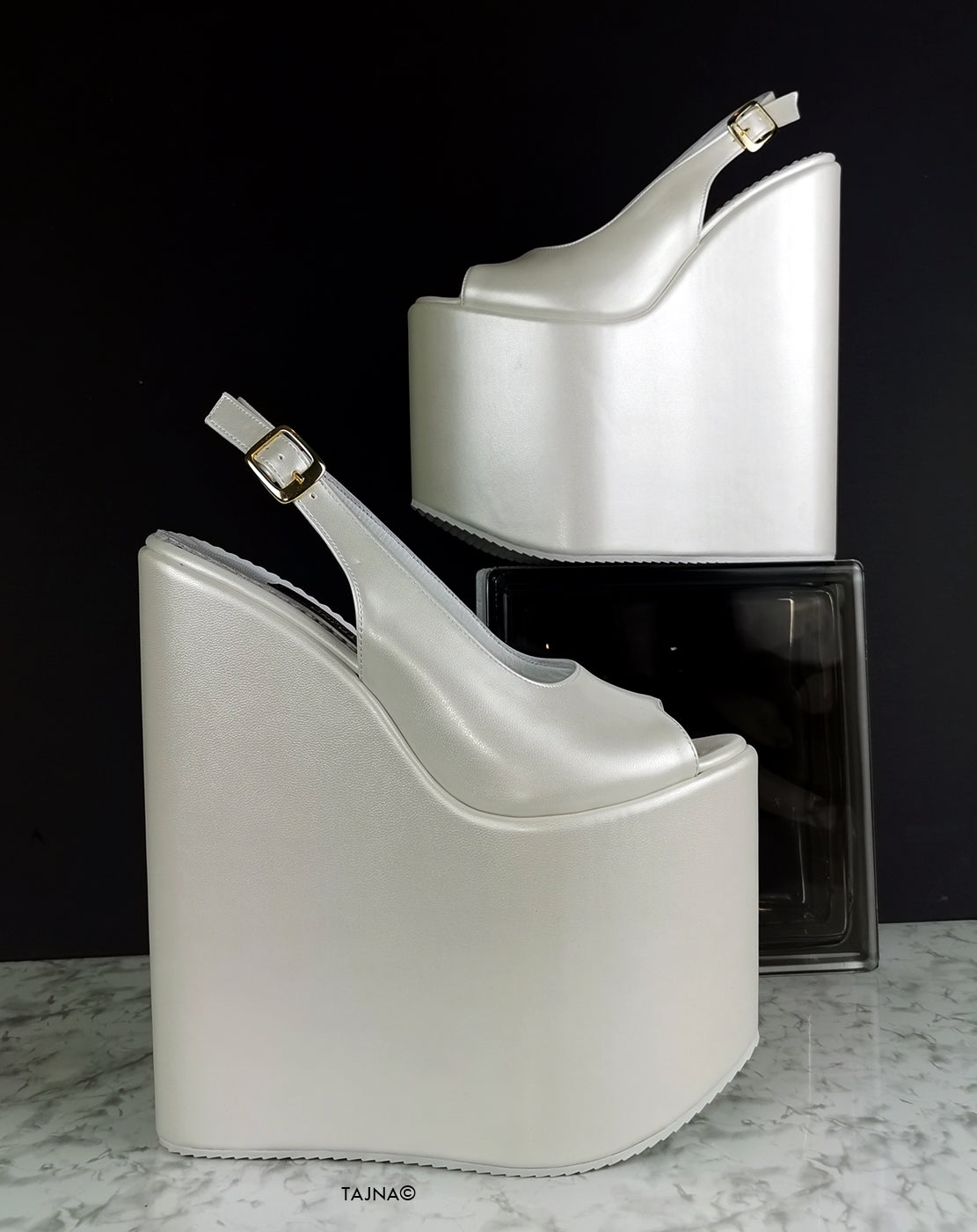 Ivoy White Sling Back High Heel Wedges - Tajna Club