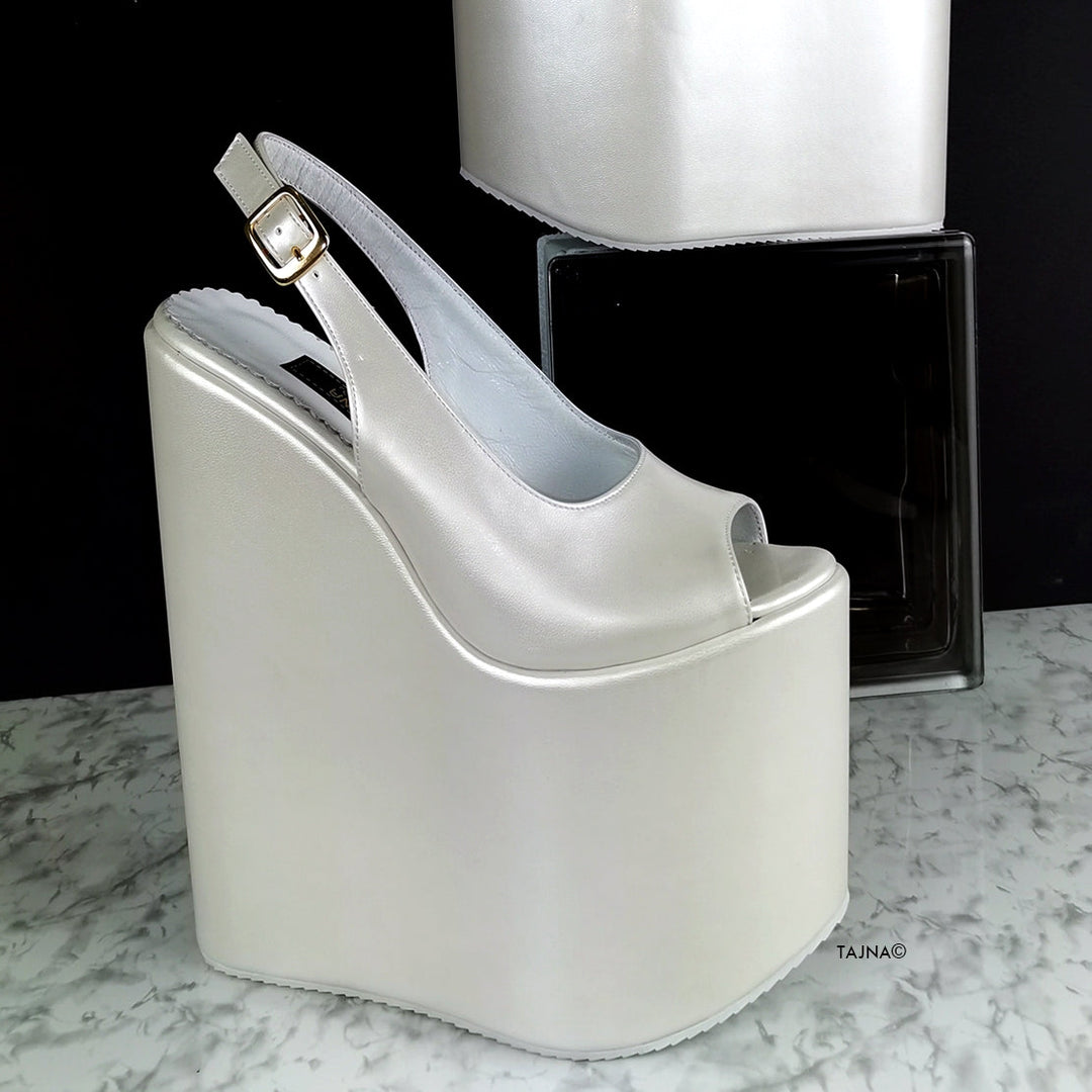 Ivoy White Sling Back High Heel Wedges - Tajna Club