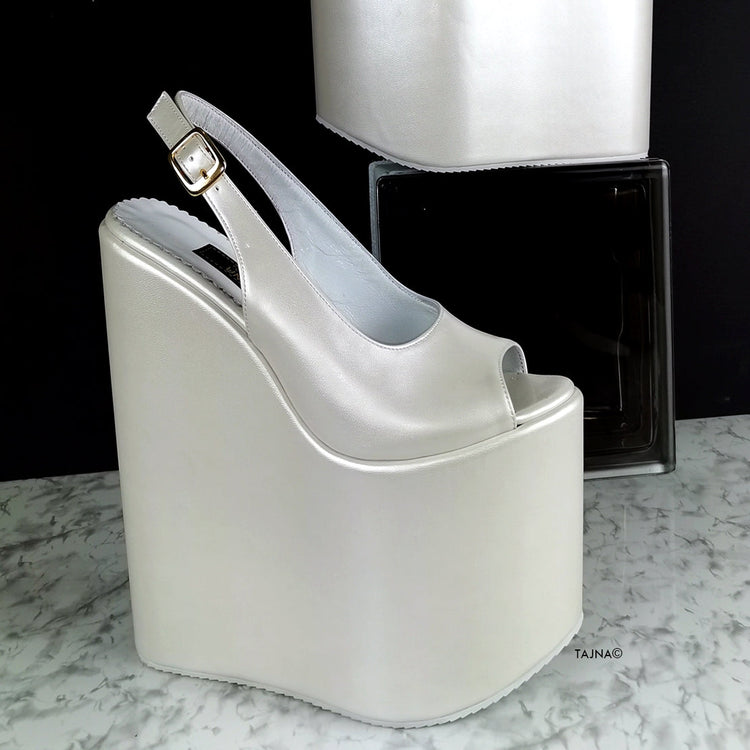 Ivoy White Sling Back High Heel Wedges - Tajna Club