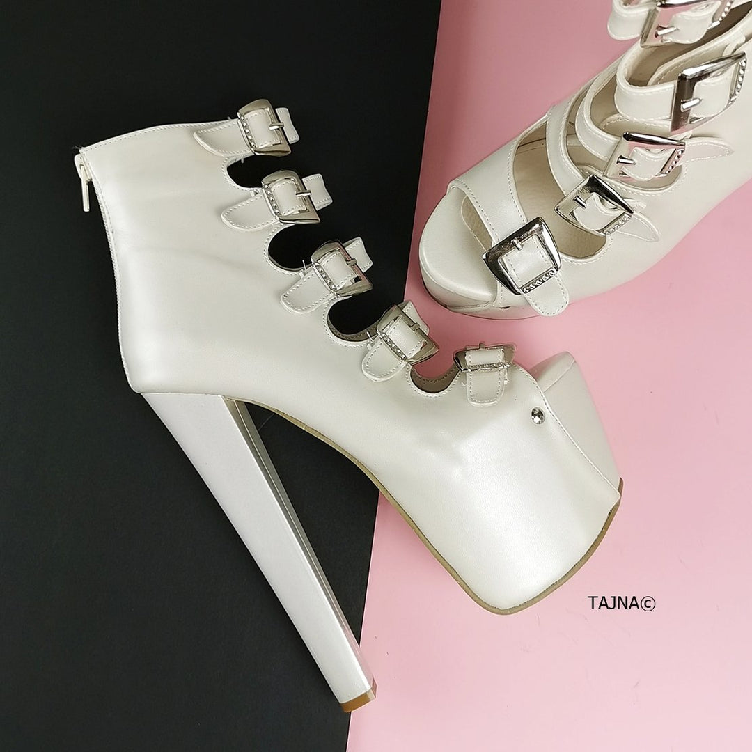 Ivory White Multi Belted High Heels - Tajna Club