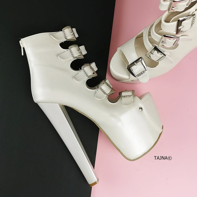 Ivory White Multi Belted High Heels - Tajna Club