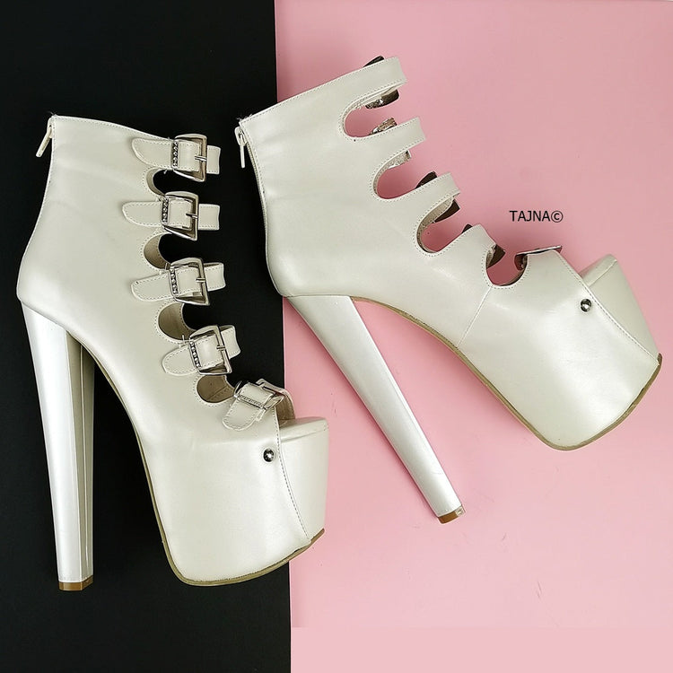 Ivory White Multi Belted High Heels - Tajna Club