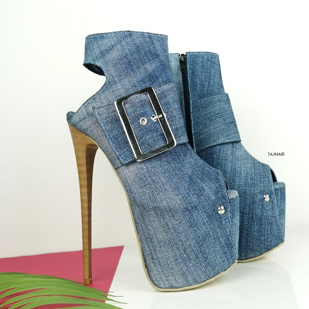 Jean Denim Big Belted Sling Back Heels - Tajna Club