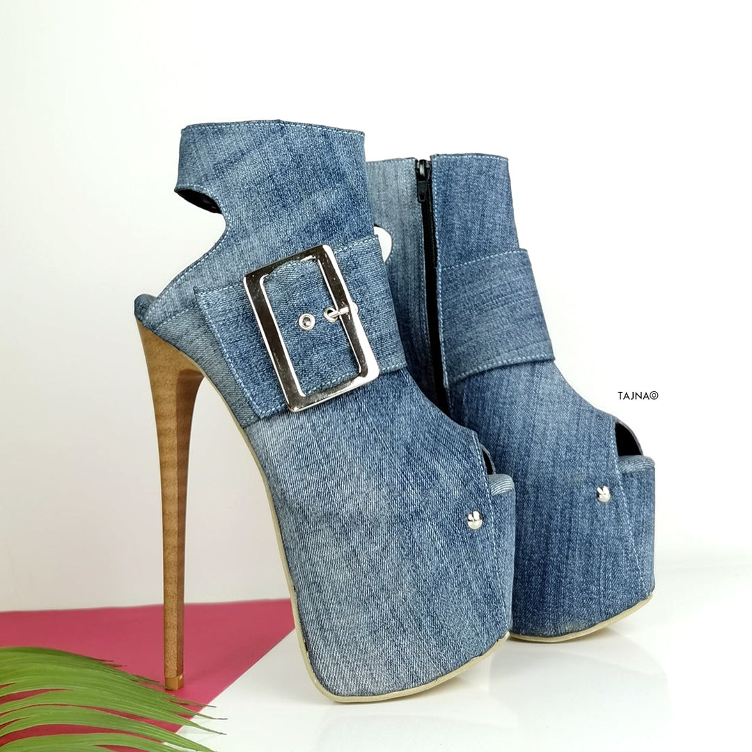 Jean Denim Big Belted Sling Back Heels - Tajna Club