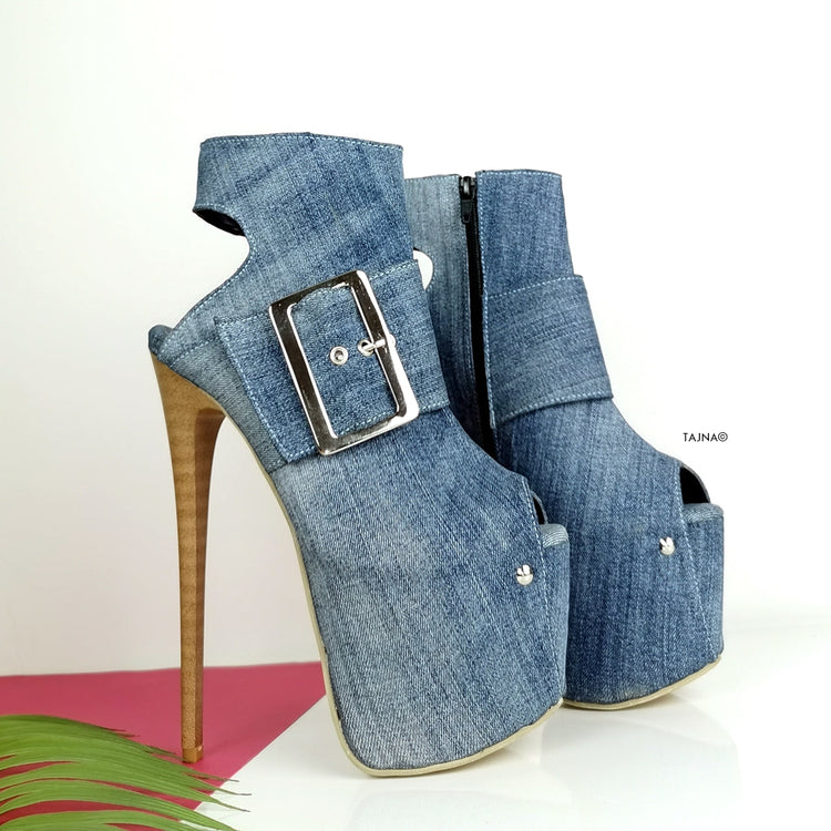 Jean Denim Big Belted Sling Back Heels - Tajna Club